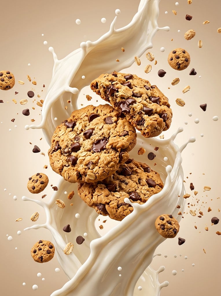 Create a vertical studio food advertising image of chocolate chip cookies exploding through a dramatic splash of creamy milk. In the center, show several large round cookies floating in mid-air, stacked and overlapping, with golden-brown baked texture, rough crumb detail, visible oats, and many glossy dark chocolate chips. The cookies should look thick, crunchy on the outside, and freshly baked. Behind and around the cookies, create a tall dynamic wave of milk or vanilla cream, splashing upward in smooth sculptural ribbons with droplets flying in different directions. The milk splash should look glossy, thick, creamy, and fluid, wrapping around the cookies like a frozen motion effect. Add smaller floating elements around the main splash: mini cookies, chocolate chips, oat flakes, cereal pieces, and tiny crumbs. Keep the composition energetic but clean, with the main cookies sharply in focus. Use a warm beige studio background with a soft gradient. Lighting should be bright and polished, with creamy highlights on the milk, crisp shadows, and strong detail in the cookie texture. The color palette should feel appetizing and premium: warm biscuit gold, dark chocolate brown, creamy white, soft caramel beige, and subtle toasted oat tones. Style: high-end commercial food photography, dynamic frozen motion, floating dessert composition, realistic splash effect, clean studio setup, sharp texture detail, premium snack advertising, no text, no logo, no packaging.