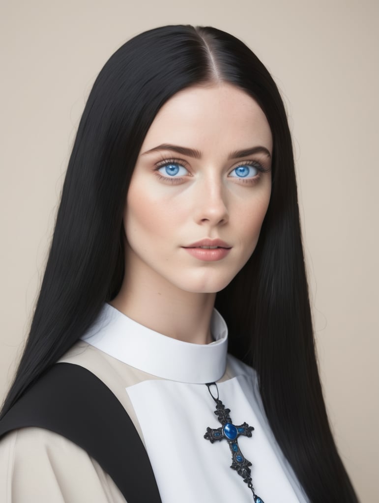 a nun with blue eyes and black hair