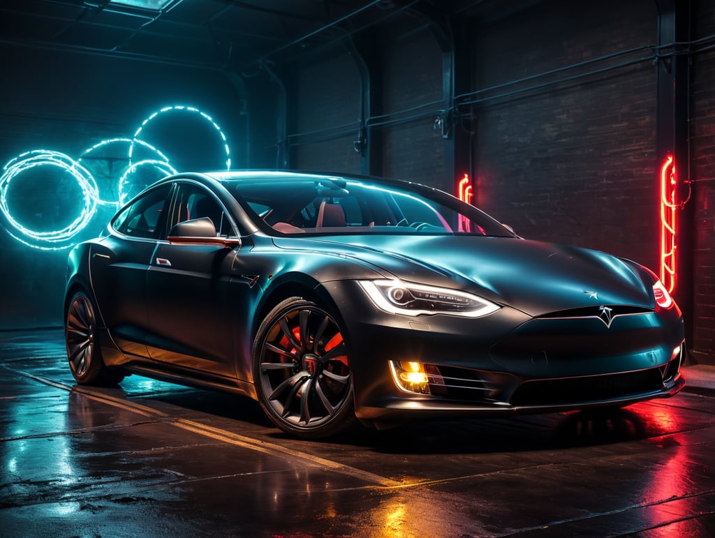 highly detailed, clean, tesla car with neon lights and trails