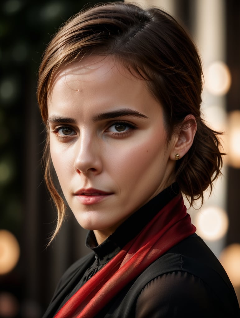 Portrait of Emma Watson wearing black blouse with red scarf, ultra realistic