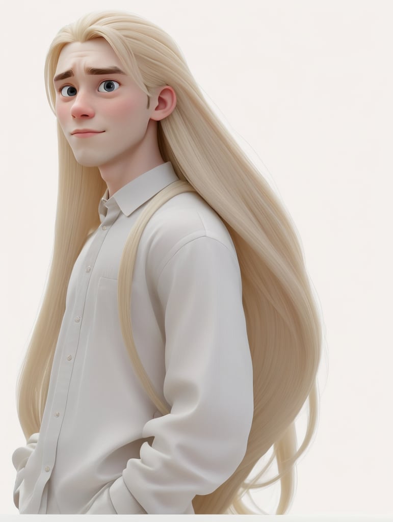 Young pale man, very long blonde straght hair