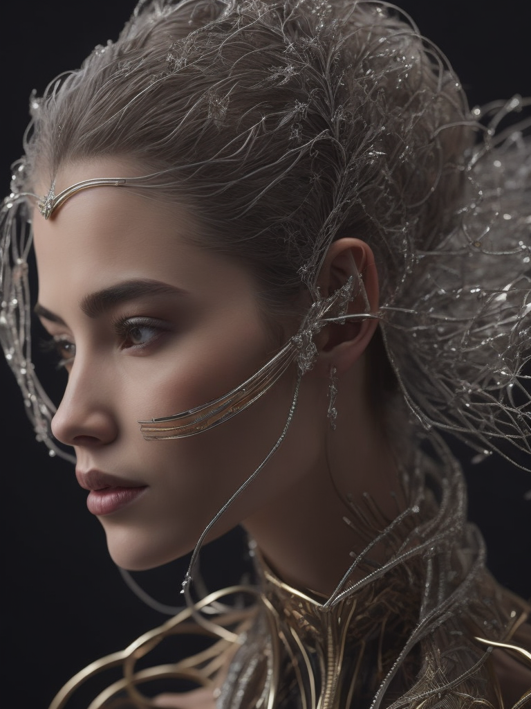 Complex 3d render ultra detailed of a beautiful profile angel, biomechanical cyborg, analog, 150 mm lens, beautiful natural soft rim light, big leaves and stems, roots, fine foliage lace, colorful details, samourai, boris bidjan saberi outfit, pearl earring, piercing, art nouveau fashion embroidered, intricate details, mesh wire, mandelbrot fractal, anatomical, facial muscles, cable wires, microchip, badass, hyper realistic, ultra detailed, octane render, volumetric lighting, red and white with a bit of black, detailled metalic bones, semi human, iridescent colors, glenn brown style, black background