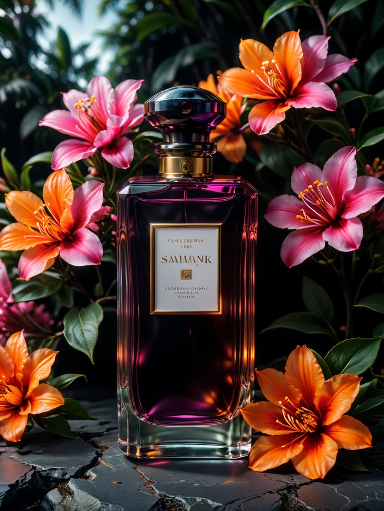 Luxury perfume bottle with blanc label, floral background, pink and orange flowers