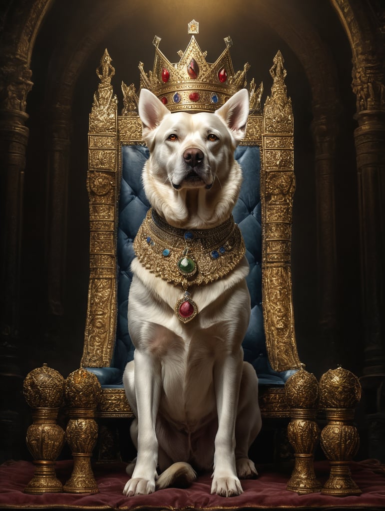 samoyède dog as a king with a crown sitting in his throne
