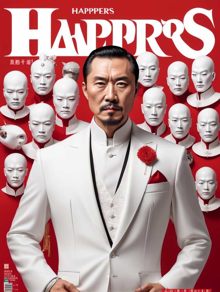 Chinese godfather, avant-garde, simplygo, photoshoot spread, dressed in all white, red background, harpers bizarre, cover, headshot, hyper realistic