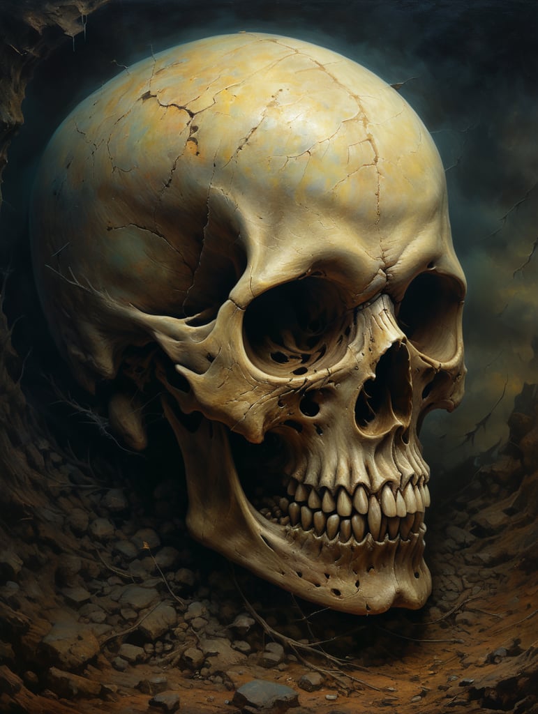 Skull painting by zdzisław beksiński with a cartoonist element to it