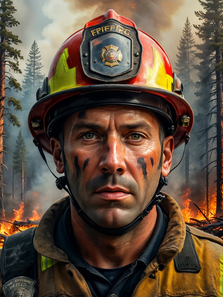 epic portrait of a Firefighter, forest fire, British Columbia Wildfire, Canada
