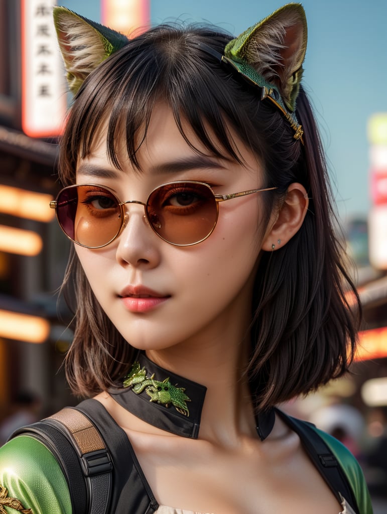 Premium AI Image, modern anime character of Chinese girl AI generated, neon, sunglasses, small cat, lizard