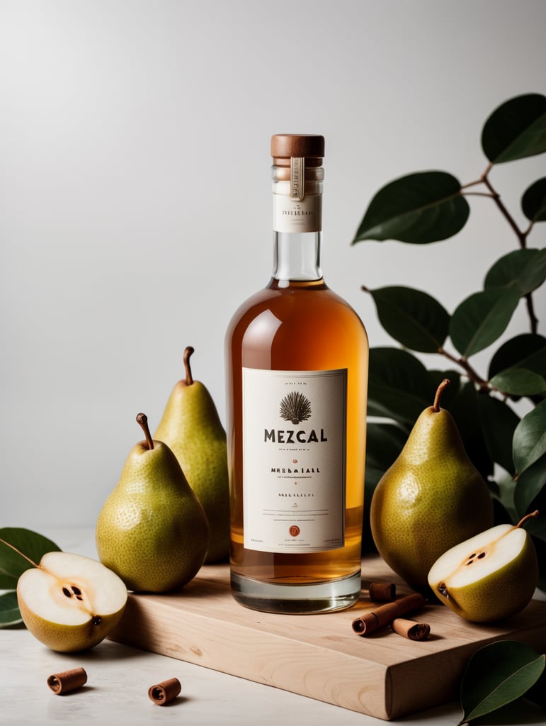 Packaging and branding for a mezcal brand as if it had been designed by HI ESTUDIO with In a set design with bricks, pears and dry leaves.