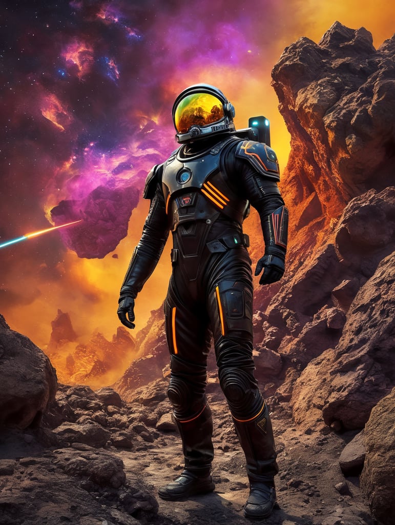 Space traveler in a black rock in middle of the universe. futuristic slim Astronaut suit with neon futuristic unique helmet , super hero style suit, warrior style suit, energy blast in the background, space war, more neon, energy explosion, fluor colours, yellow violet, vibrant, saturated, a lot graffiti on the suit. Scratch on the suit, Rocks like mars planet, volcano, movie poster style, war, noise, star wars