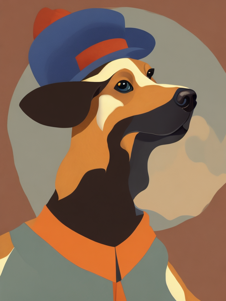 a dog, wearing a hat, Illustration, Disney, USA, style of Mary Blair