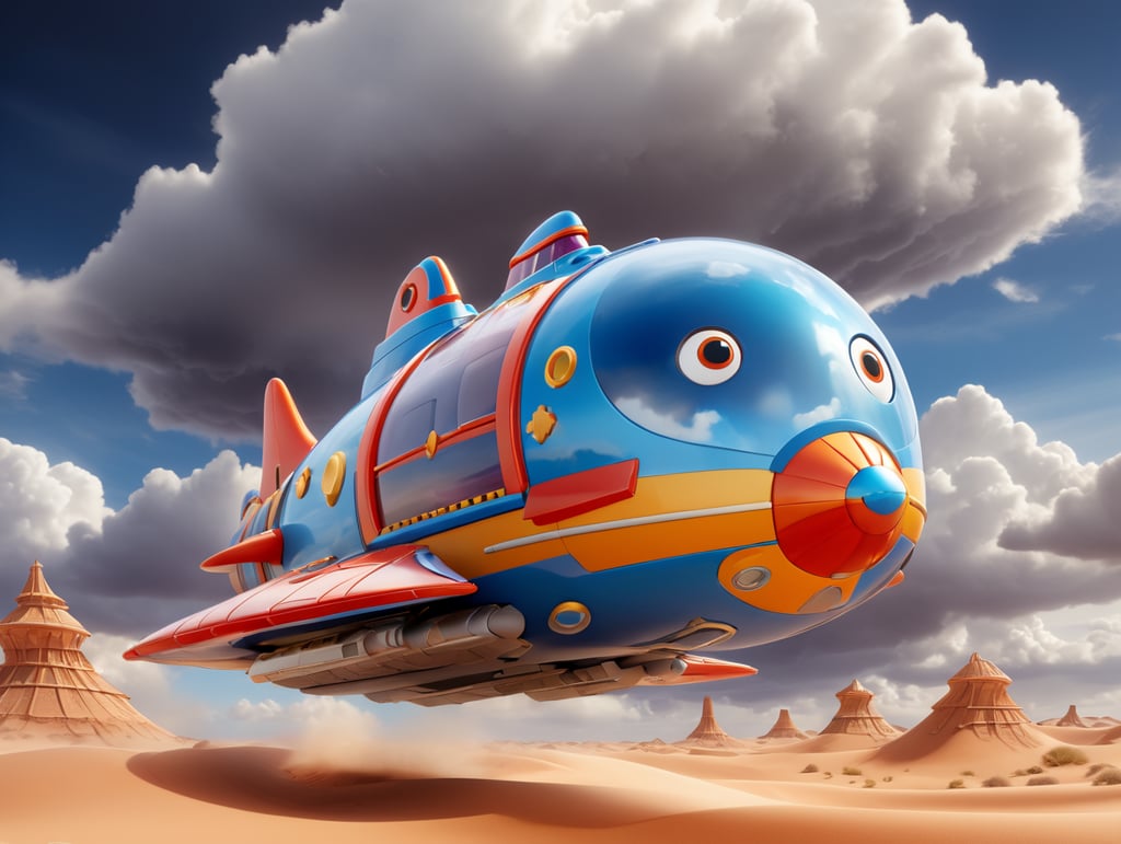 Isometric shiny spaceship is flying through stormy clouds over sand desert