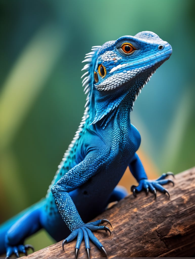 Blue feathered lizard, Vibrant colors, Depth of field, Incredibly high detail, Blurred background