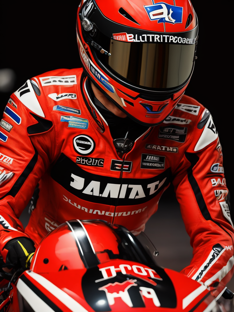 portrait of motogp racer on a bike, red colors, on the background of the race track