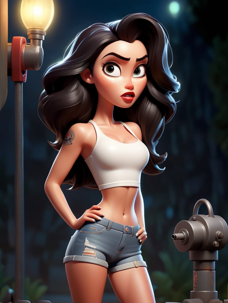 full body shot, pin up poster of Megan Fox dressed in a white crop-top and tight denim torn shorts, holding a gas nozzle, looking into the camera, night shot lighting, highly detailed, art by by Mike Allred