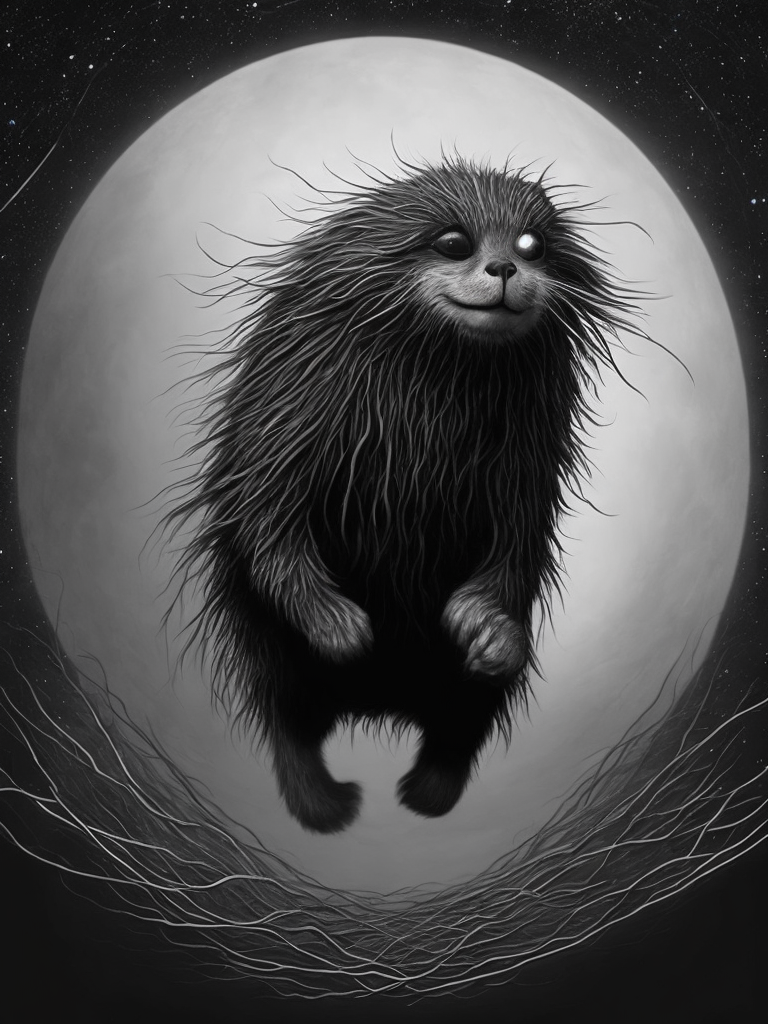 a funny character with long hair flying up through the stars, in the style of intricate black and white illustrations, animated gifs, furry art, whimsical yet eerie animal symbolism, patrick dougherty, kevin hill