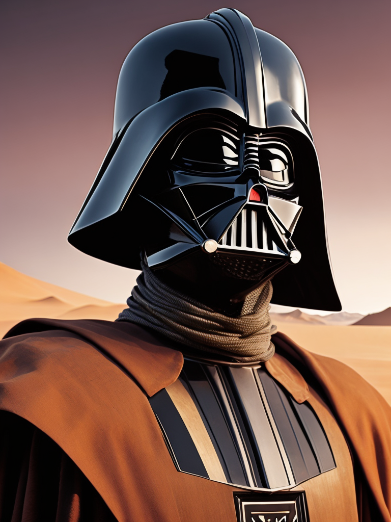 Portrait of Darth Vader in Mad Max style, Desert with dunes in the background, rusty metal, metal spikes