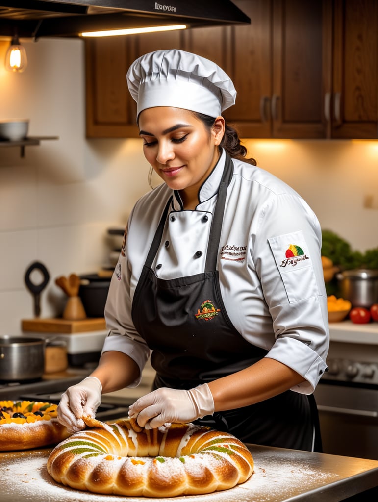 chef femenina elaborando una tradicional rosca de reyes tradición mexicana en una cocina