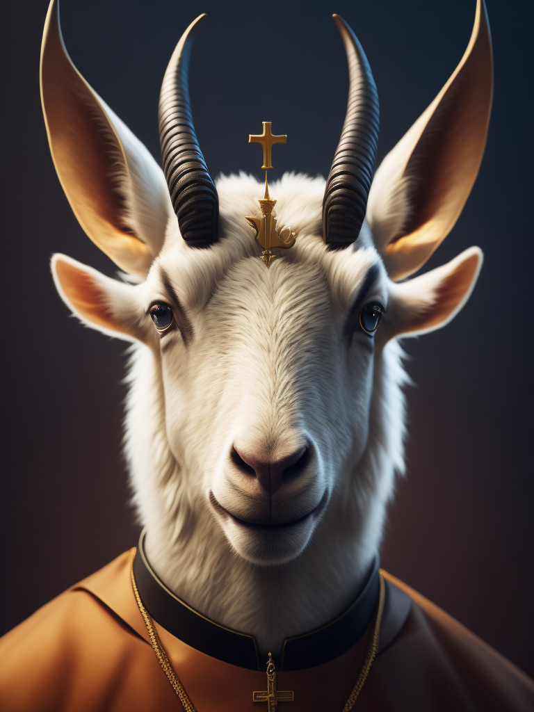 Portrait of a goat's head wearing a catholic pope's dress, cinematic lighting, cyberpunk, octane render, color grading, shot on 35 mm lense, depth of field, dof, tilt blur, shutter speed, white balance, super resolution, hdr, megapixel, pro photo rgb, halfrear lighting, backlight, natural lighting, incandescent, optical fiber, moody lighting, global illumination, path tracing, studio lighting, soft lighting, -ray tracing --diffraction grading --chromatic aberration --gb displacement --ambient occlusion --txaa --post processing -- cell shading --tone mapping --cgi --vfx--insanely detailed and intricate