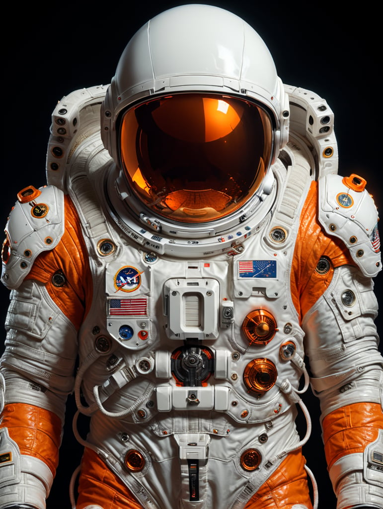 astronaut in white suit. juicy orange instead of a head.