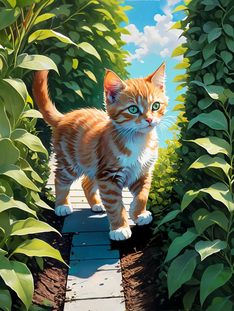 Close up of ginger kitten walking along the top of a neatly cut privet hedge with green leaves. Pale blue sky an wispy clouds.