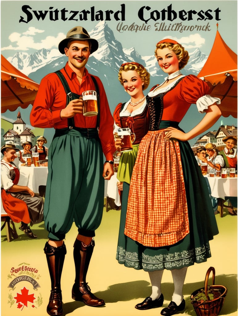 Switzerland, vintage Octoberfest postcard illustration
