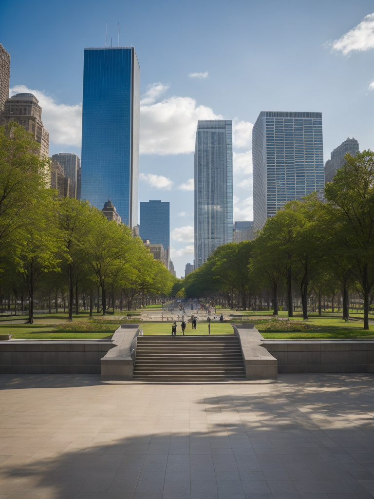 Chicago Millennium Park, Cloud Gate, Green trees, Skyscrapers in the background, Vibrant colors, Deep colors, Contrast lighting, Sunny day, High detail, Sharp details