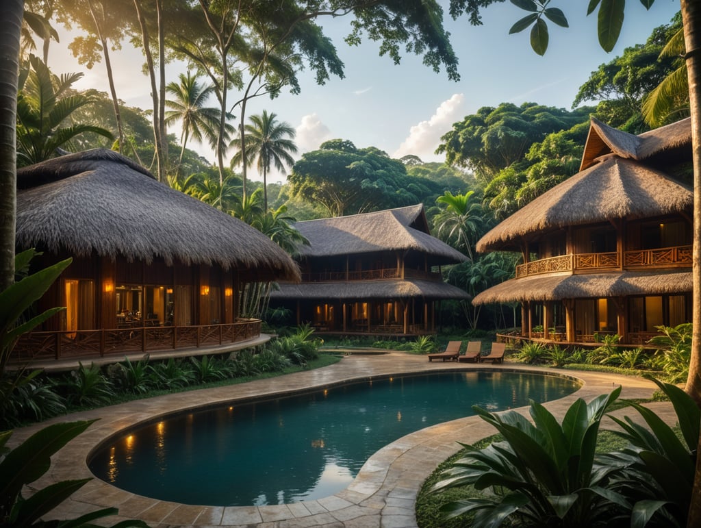 luxury eco lodge hotel building tropical style with views to the jungle