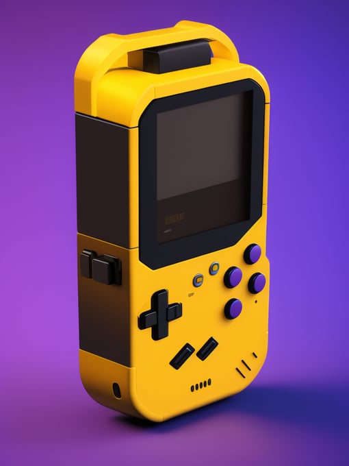 3d pixel retro tiny cute yellow game boy render, purple background