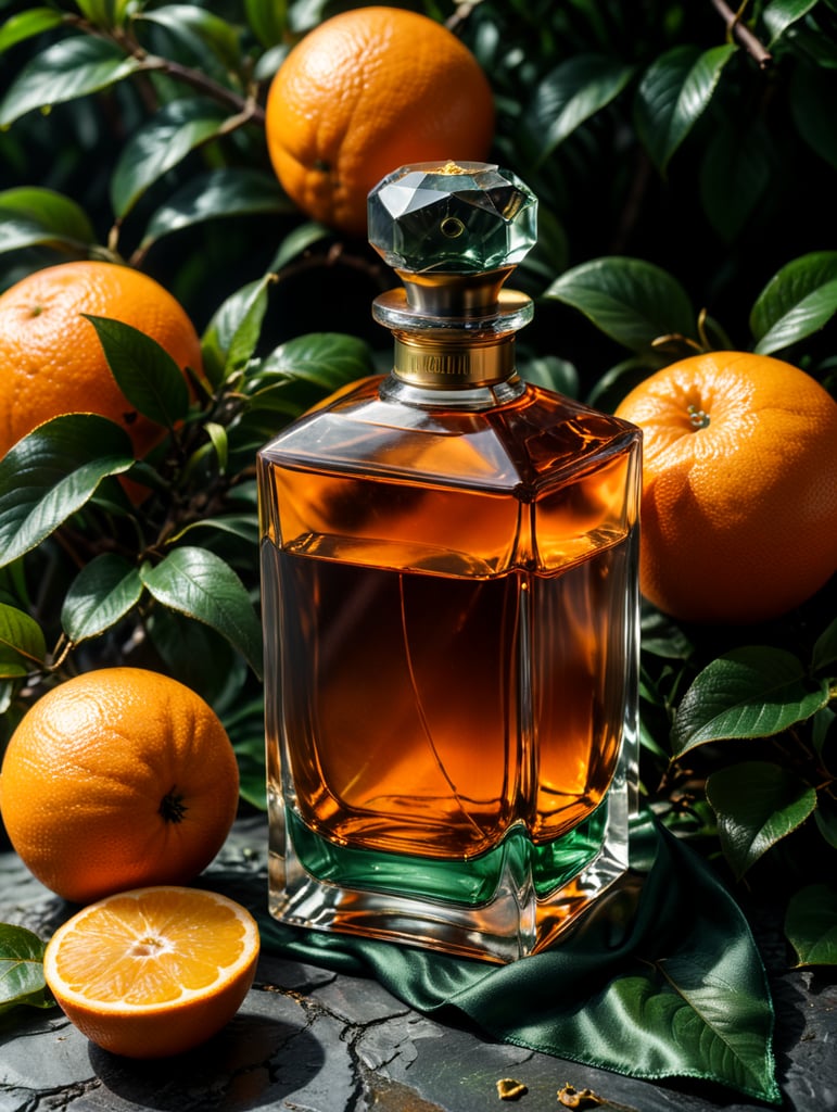 professional photography of a luxury perfume, orange fruits around, orange forest, green satin scarf, no label, clear, mockup
