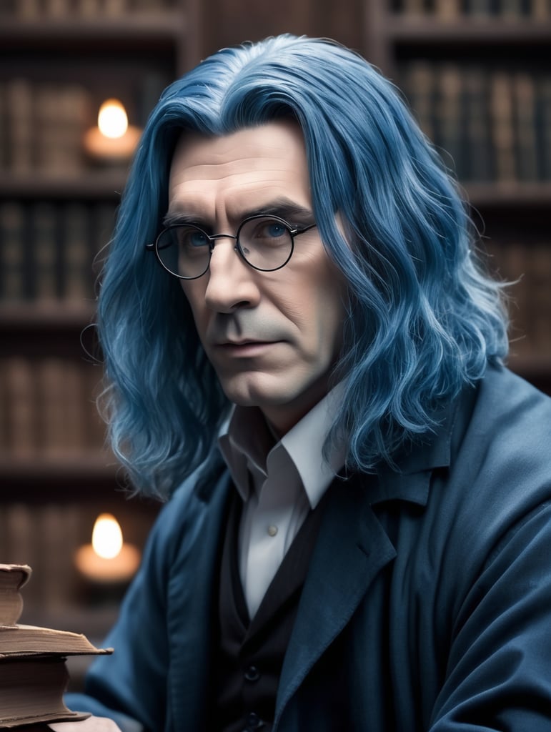 professor Snape from Harry Potter with blue hair, serious face teaching a lecture