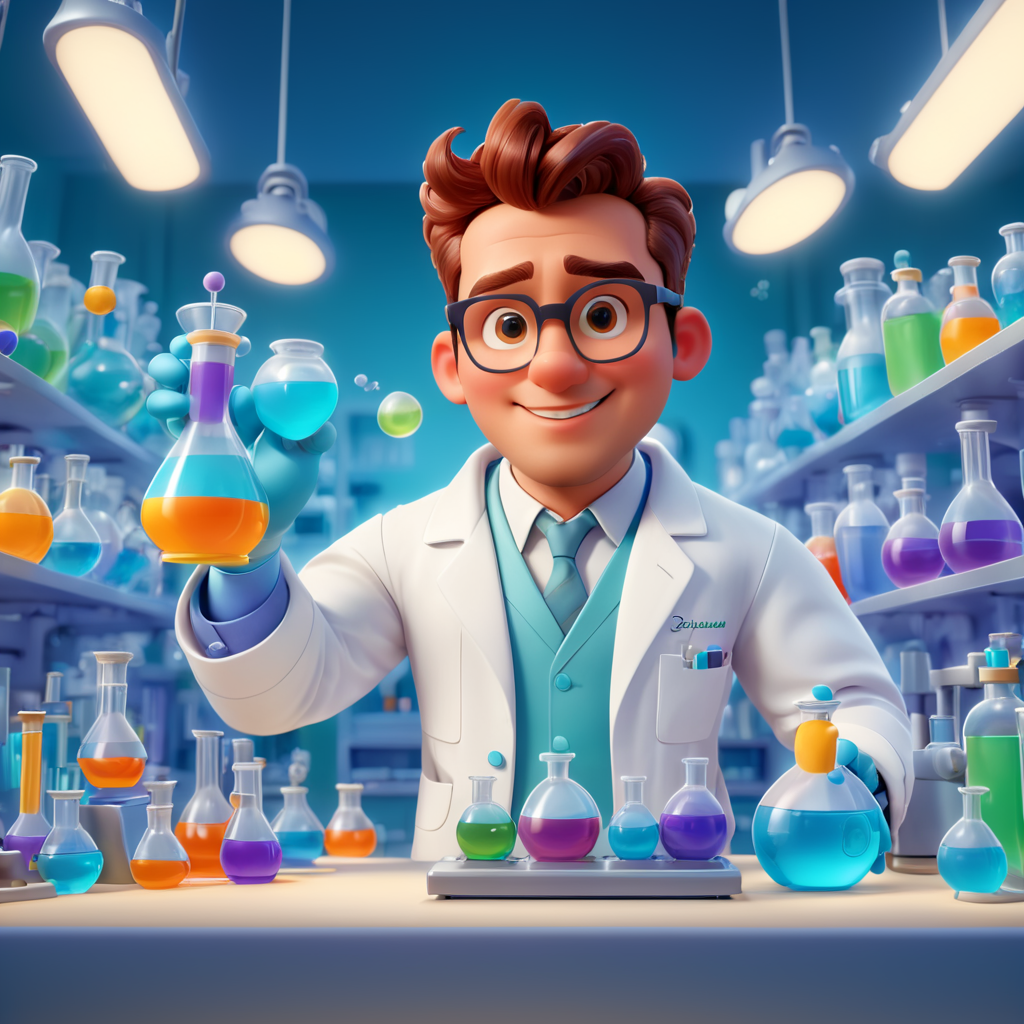 3d male chemist in the lab Diney Pixar Cartoon style