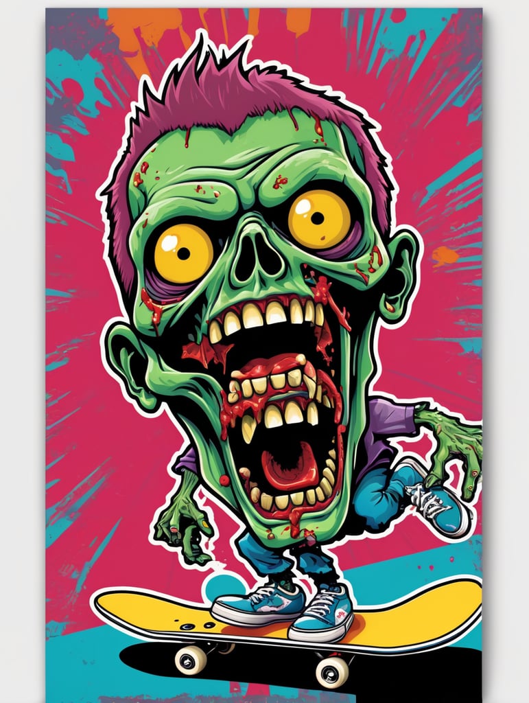 Pop art illustration, sticker, zombie skateboarding