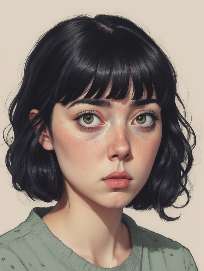 Self portrait, drawing, cartoony, weird, freckles, black hair, bangs, tired, insomnia, unsettling