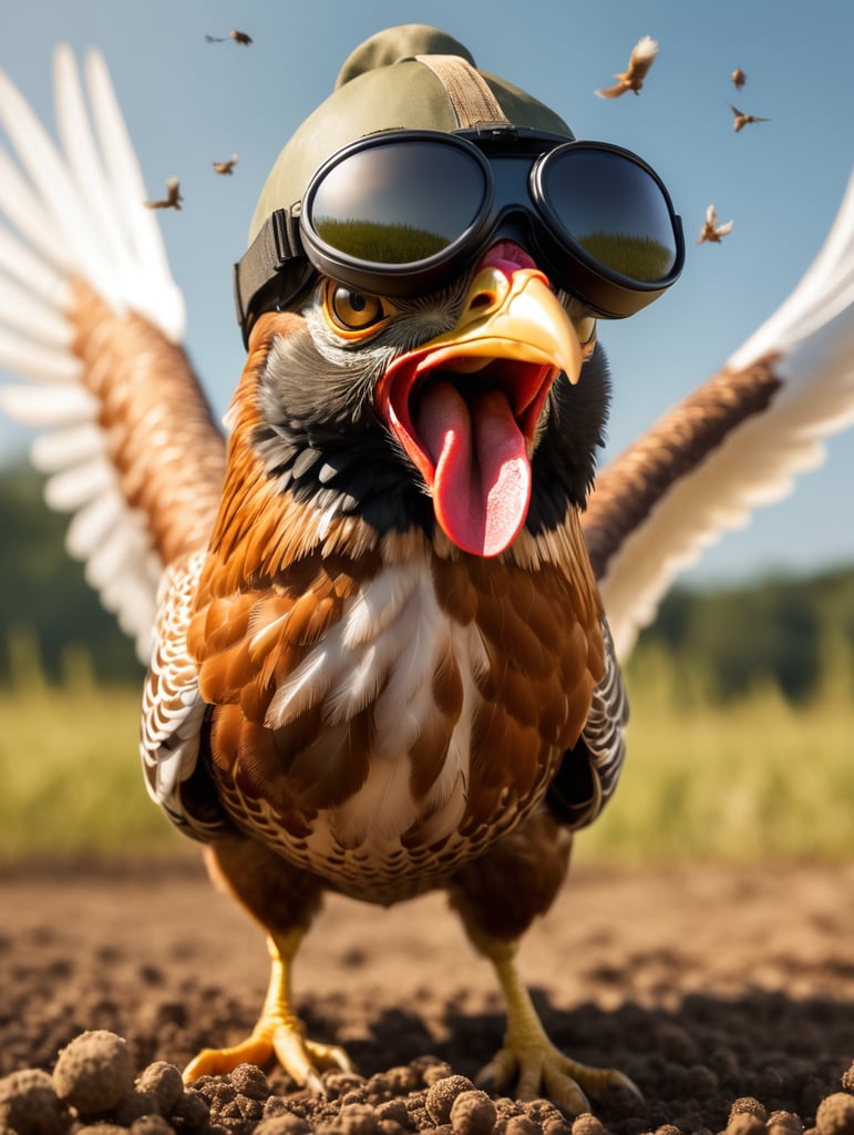 A medium-sized hen flies over a cornfield, with pellets of dirt shooting out from under its tail onto the field below. This same hen wears pilot goggles over its eyes and wears an aviator hat on its head.