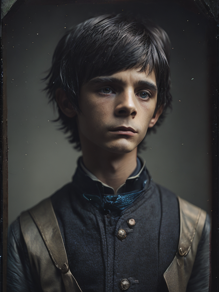 a wet plate photograph of a scary Pinocchio with dark bob haircut, neutral emotions on his face
