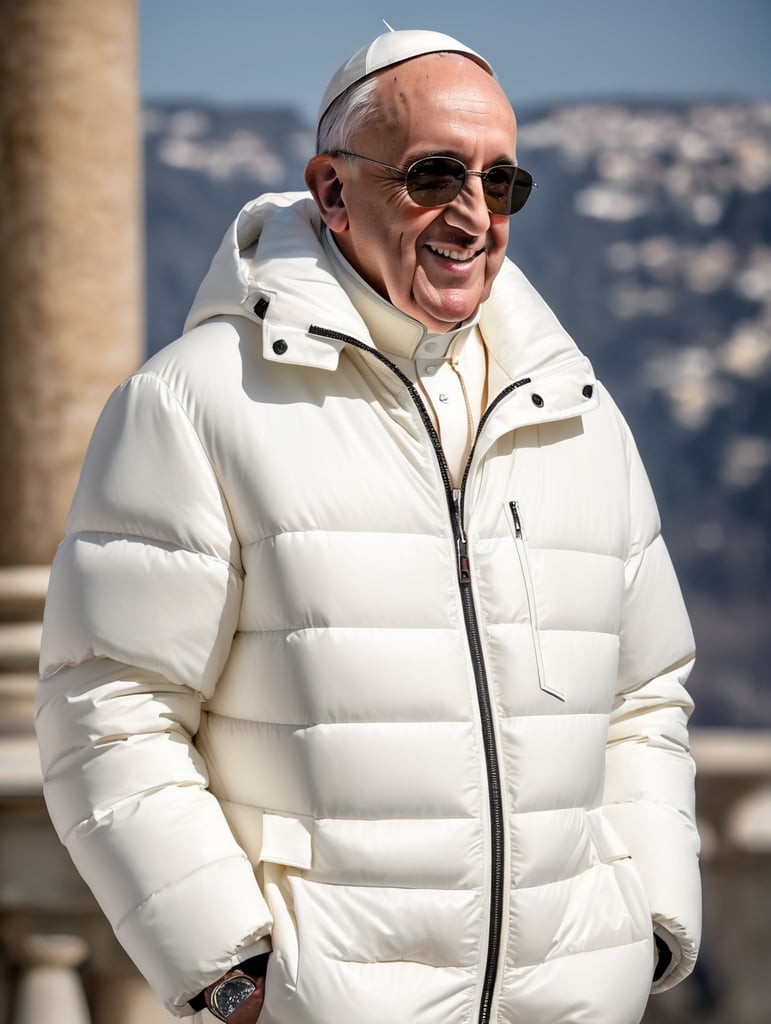 Professional photo glamour of Pope Francis looking stylish in a white puffer jacket