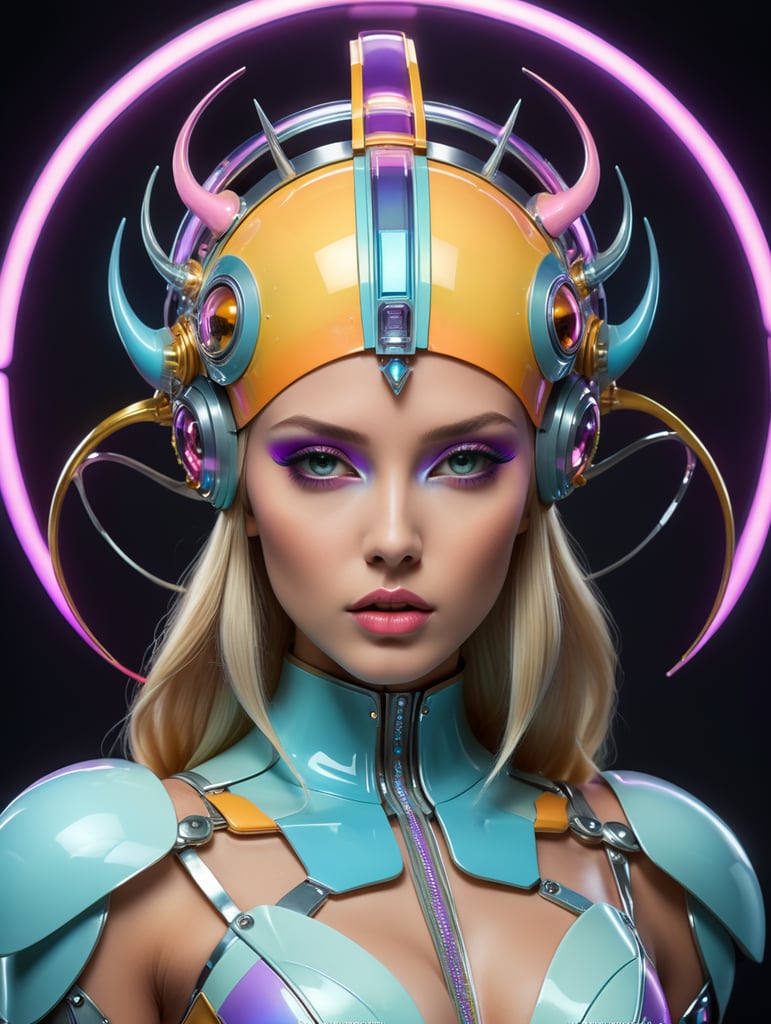 A beautiful blonde female pop artist all pastel sleek futuristic outfit, with huge headpiece center piece, clean makeup, with depth of field, fantastical edgy and regal themed outfit, captured in vivid colors, embodying the essence of fantasy, minimalist