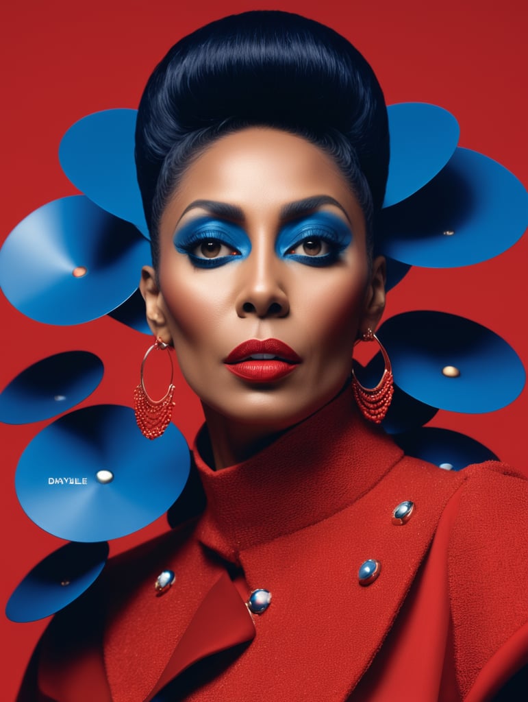 Donyale luna, avant-garde, simplygo, photoshoot spread, dressed in all red, blue background, harpers bizarre, cover, headshot, hyper realistic