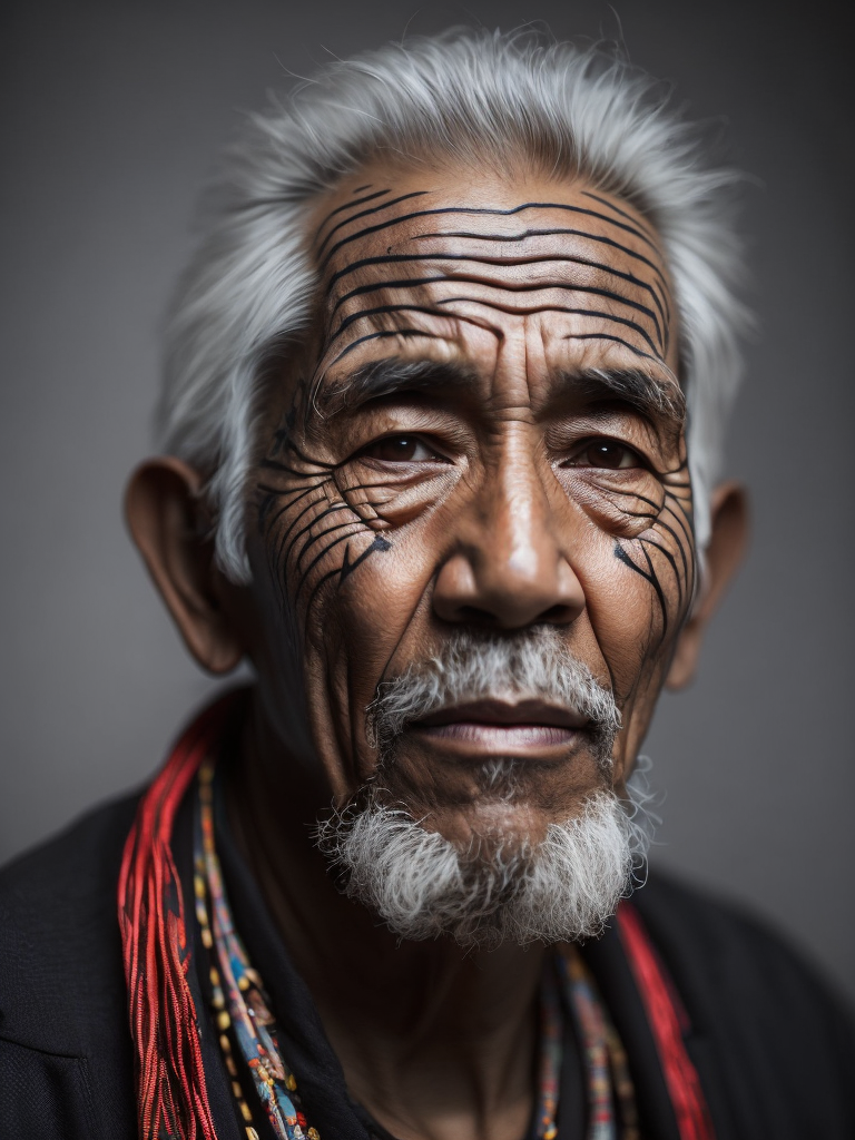 Portrait of a tribal elder with a face tattoo, photography, beautiful, black background, colorful, realistic, masterpieces, top quality, best quality, official art, beautiful and aesthetic
