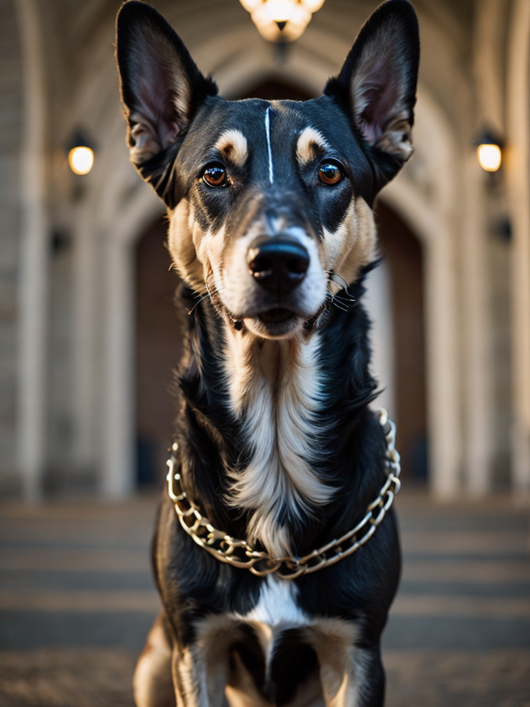 Podengo dog, golden chain, aggresive look, in front of a castle, dramatic Lighting, Depth of field, Incredibly high detailed, deep colors, professional photo
