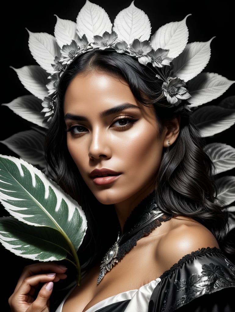 high fashion photography model pop art mexican woman dramatic pose upper body looking in the distance while holding a leaf black and white photography high details Tim Walker style award winning intrinsic detail dreamscape photo-art high fashion portrait style of a female supermodel with stylized modern hair in John Galliano fashion design in a high fashion studio, hd, 8k