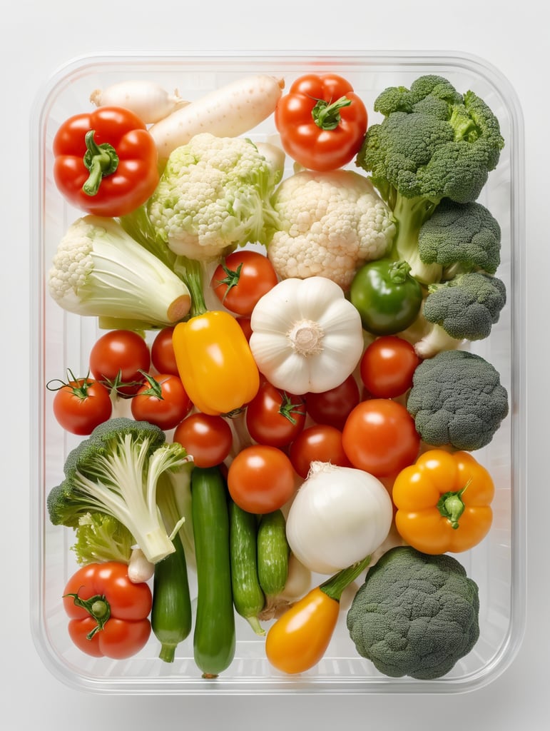 vegetables in a transparent plastic tray, top view, isolated, mockup