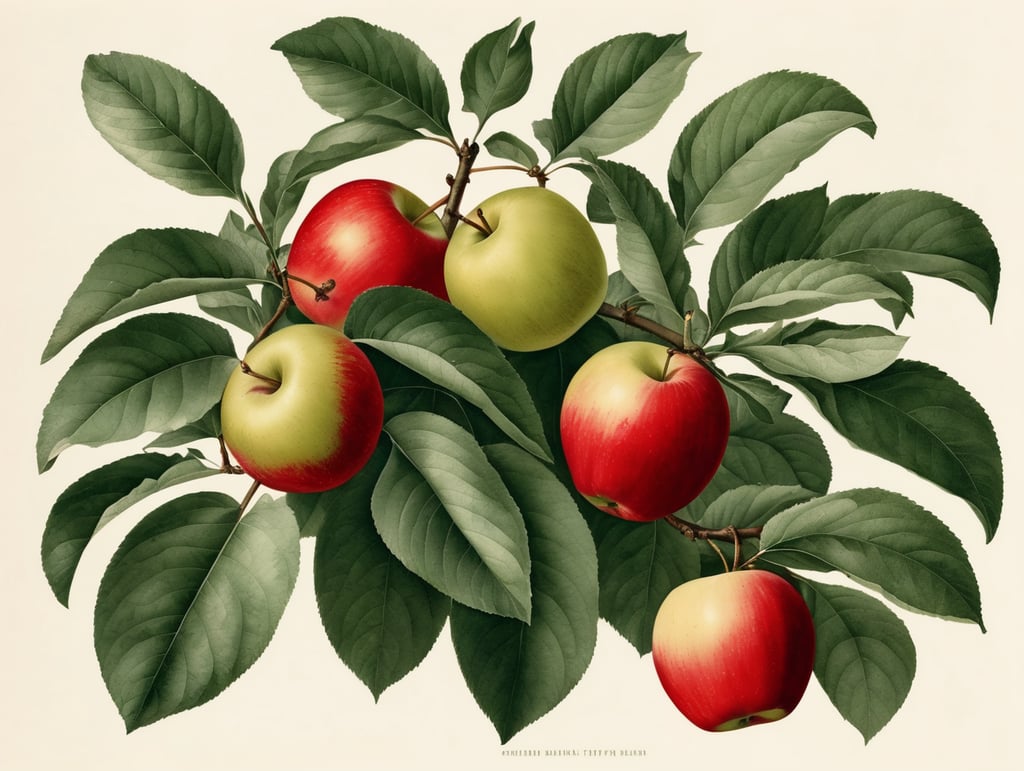 Botanical print. apples with leaves