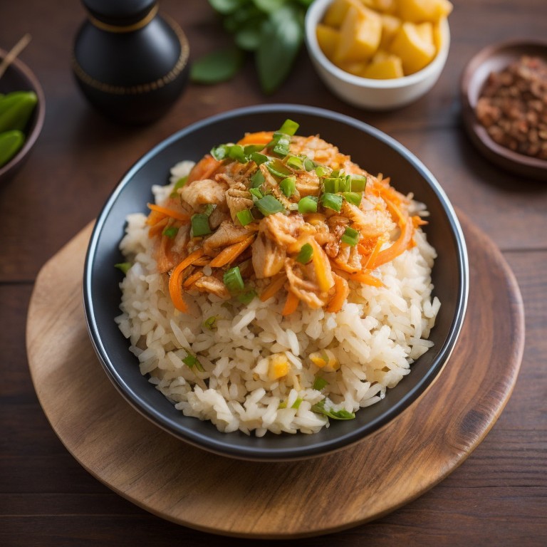 top view, thai style fried rice, shredded chicken, diced carrots, red pepper, green onions, bamboo shoot strips, chilli flakes, ginger, thai basil, unreal engine 5, very realistic, very detailed, realistic photography, 4k, 85 – mm – lens, sharp – focus, intricately – detailed, f 8, ISO 100, shutter – speed 1 125, diffuse – back – lighting, award – winning photograph, elle, small – catchlight, low – contrast, High – sharpness, depth – of – field, ultra – detailed photography, raytraced, global illumination