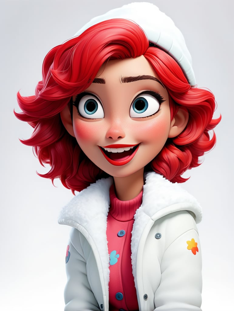 a happy young women with colored hair and red hat on his head is wearing a white fluffy jacket, isolated