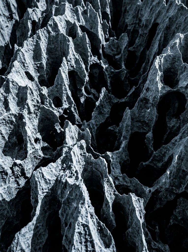 A close-up view of heavily eroded rock featuring a dense network of deep irregular cavities and thin jagged ridges. The sponge-like geological formation fills the frame under stark directional lighting, casting deep black shadows into the hollow craters. A monochromatic bluish-grey palette enhances the extreme contrast between the illuminated skeletal edges and the pitch-black recesses, capturing a dramatic macro aesthetic.