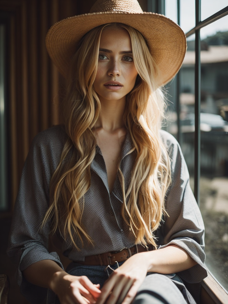 look at camera portrait of elegant woman with long blond hairstyle, sitting on the balcony, in a light summer dress in a straw hat, in the style of movie still, y2k aesthetic, light bronze and dark amber, romantic charm, blink-and-you-miss-it detail, elegantly formal