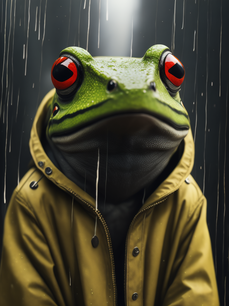 Frog in the rain coat, Keith Haring style, expressive, focus, colorful background, hyperrealistic, detailed, intricate details, rich colors