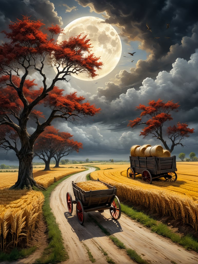 A hurricane wind along the road going into the distance bends brown trees growing in a field of wheat, along the road a tiger carries an old wooden cart with gray bags of grain on which red birds sit, crows and yellow doves fly in the cloudy sky, the moon is shining, the sun is rising, illuminating the field with rays, impressionism, impasto, fantasy,
